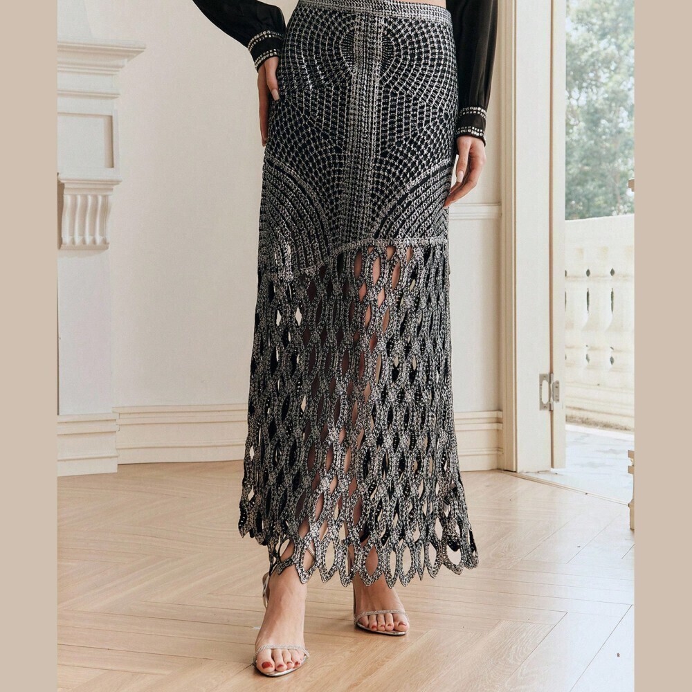 Black Silver Sequin Crochet Cutout Maxi Skirt